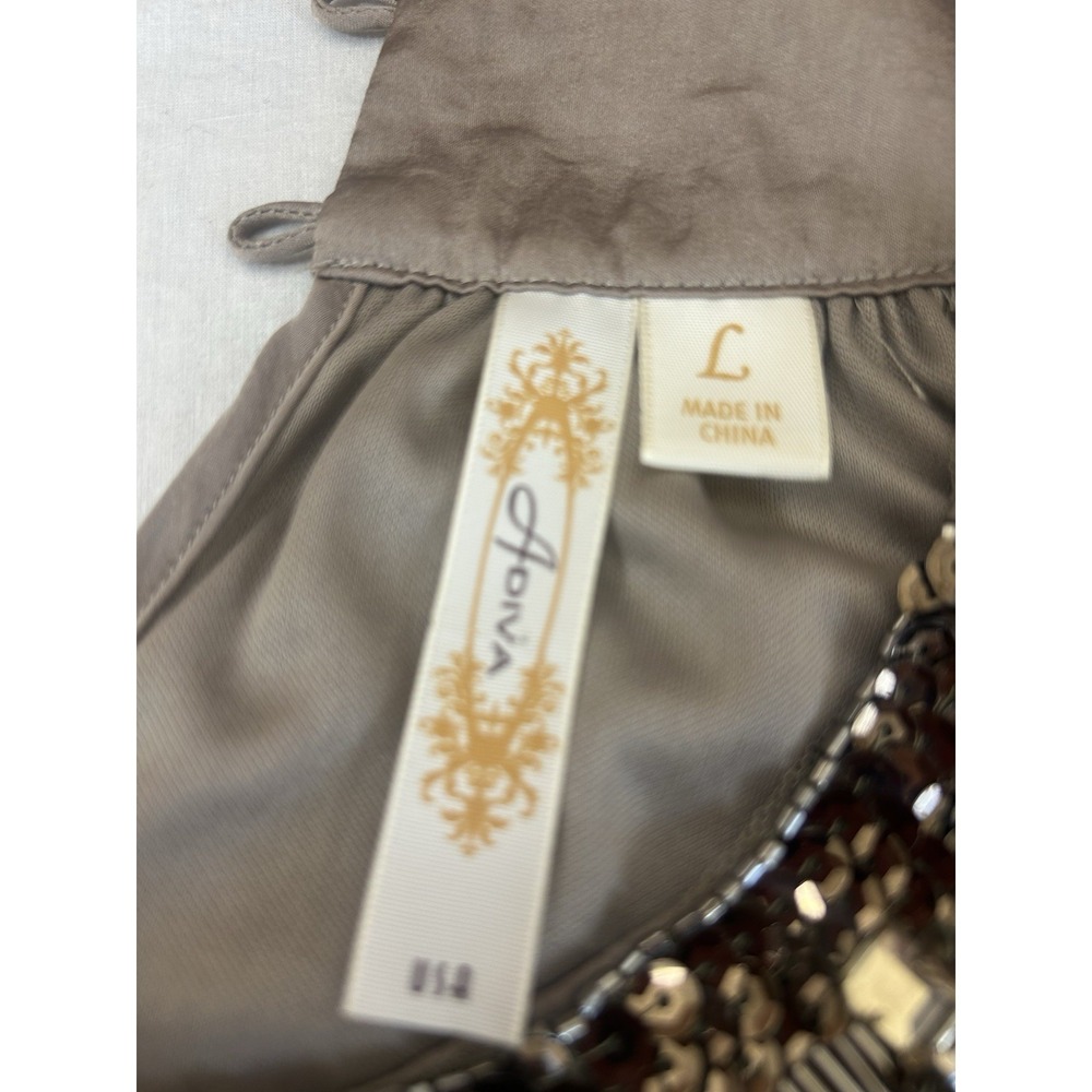 Adiva Slate Grey Satiny 2 Layer Flowy Fairy Blouse Embellished Neckline Sz L - Picture 5 of 9